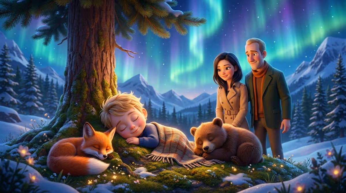 A family illustrated as story characters — sleeping child under the northern lights with animal companions while parents watch